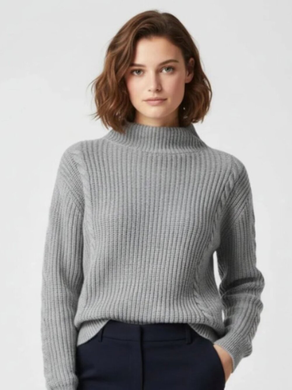 Aritzia Wilfred Womens XXS Cable Mock Neck Grey Wool Jumper Sweater